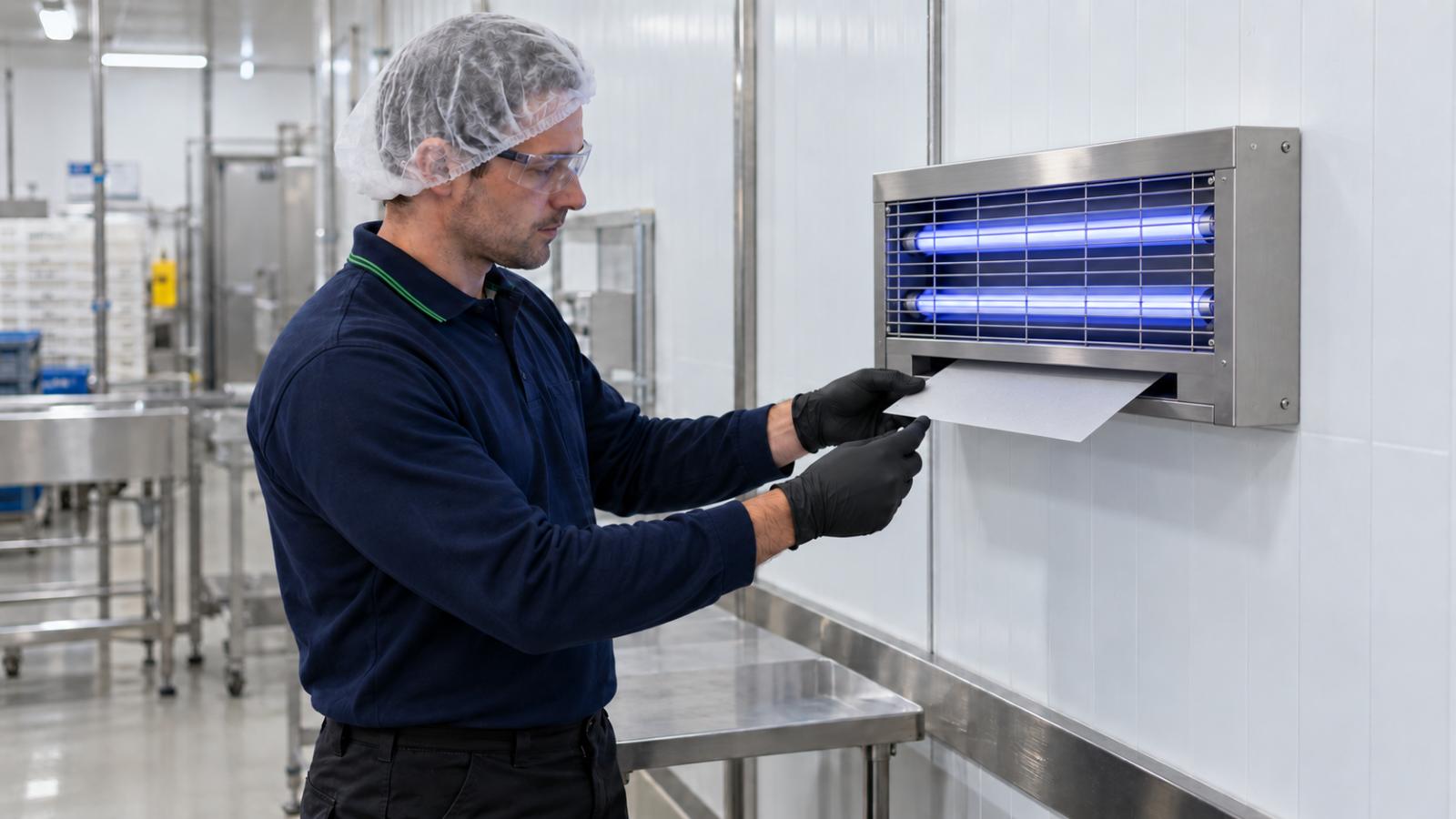 Técnico de controlo de pragas, de touca e óculos, a trocar a placa adesiva de uma armadilha luminosa de inox numa zona de produção alimentar
