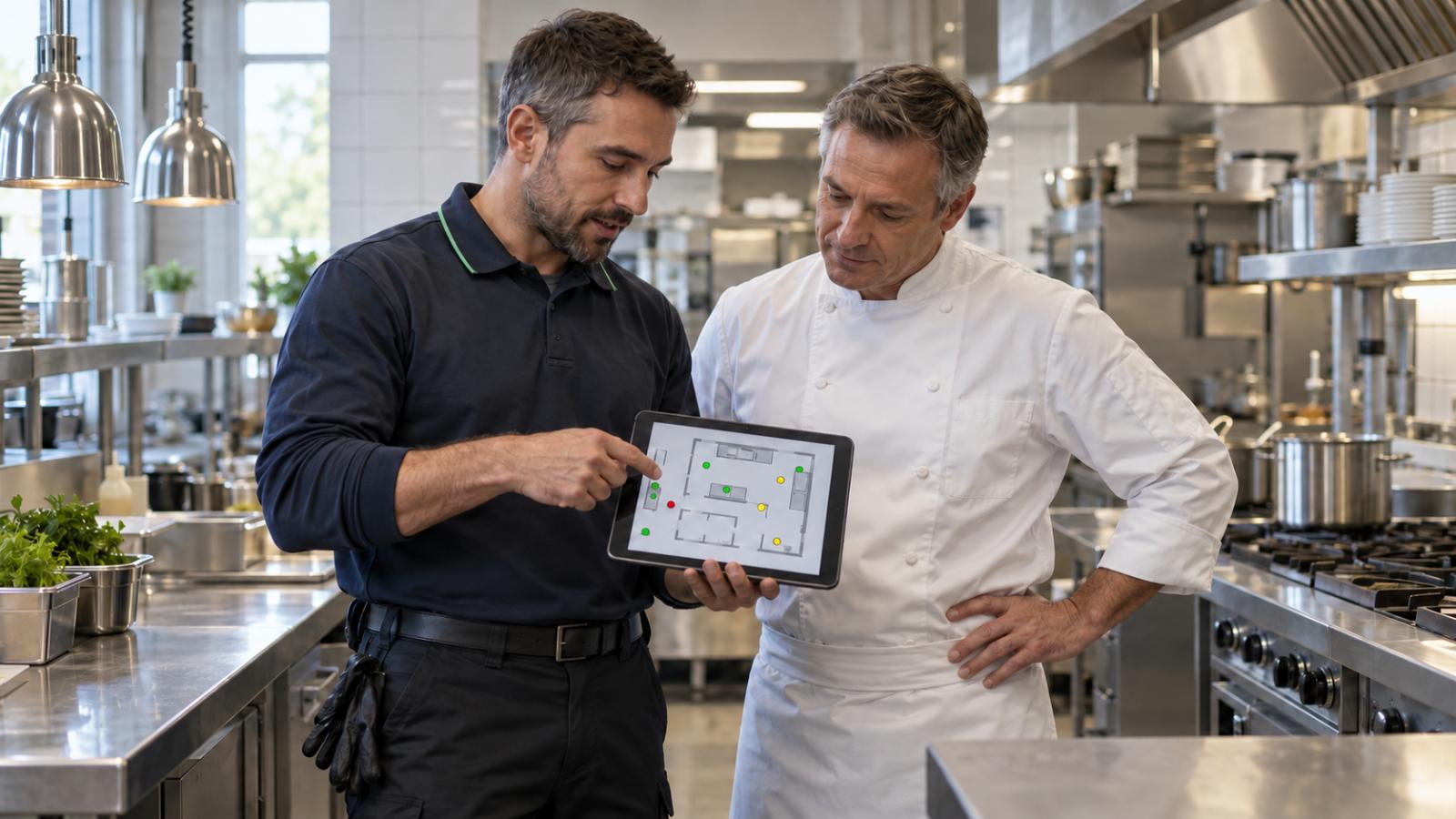 Técnico de controlo de pragas a mostrar no tablet a planta com os pontos de controlo ao chefe de cozinha de um restaurante