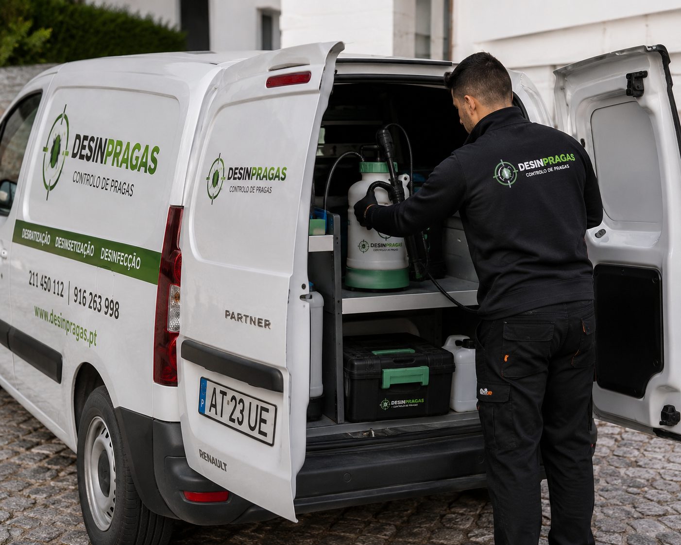 Técnico da DesinPragas a preparar o equipamento na viatura identificada