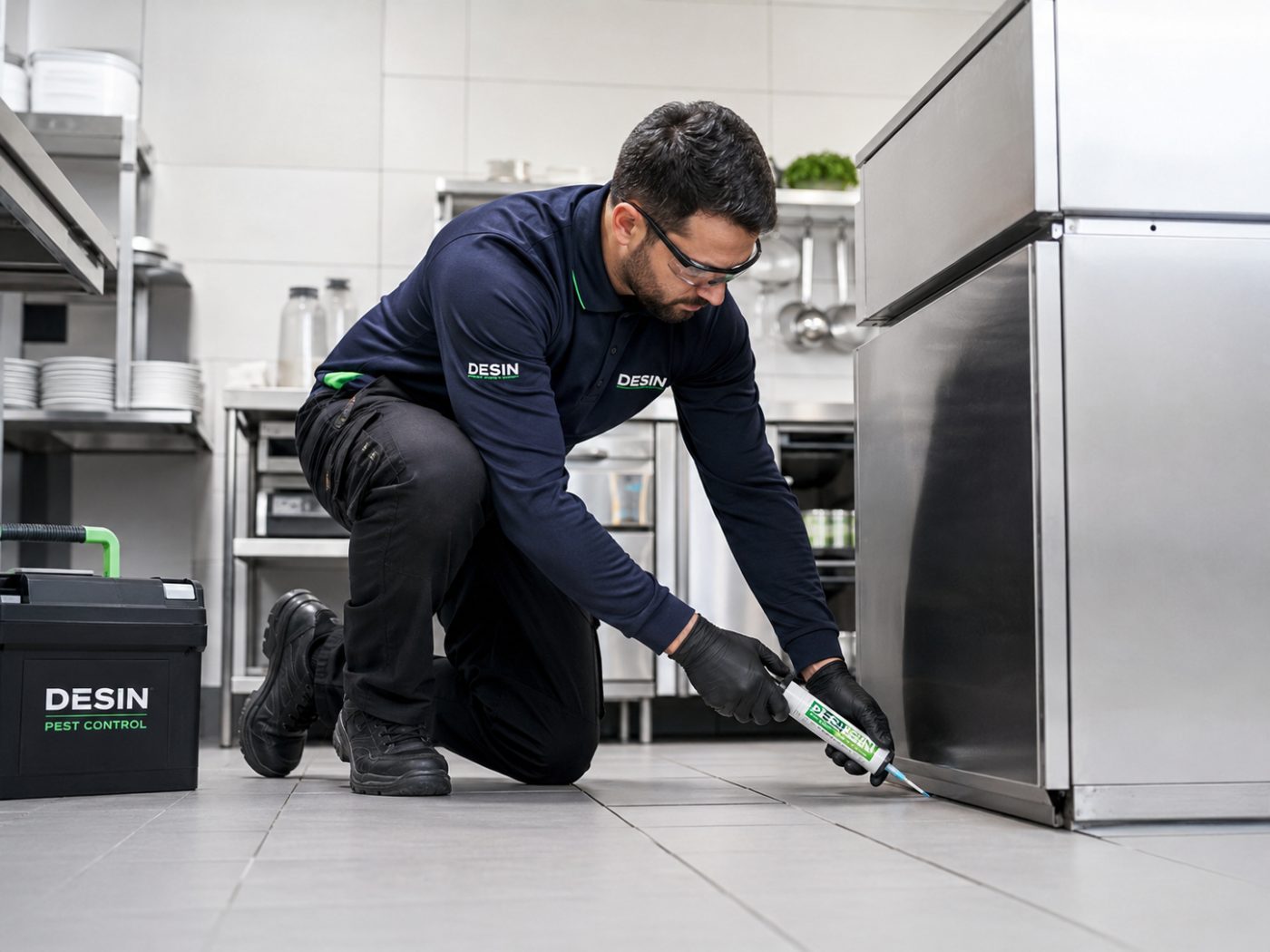 Técnico a aplicar gel inseticida em cozinha profissional