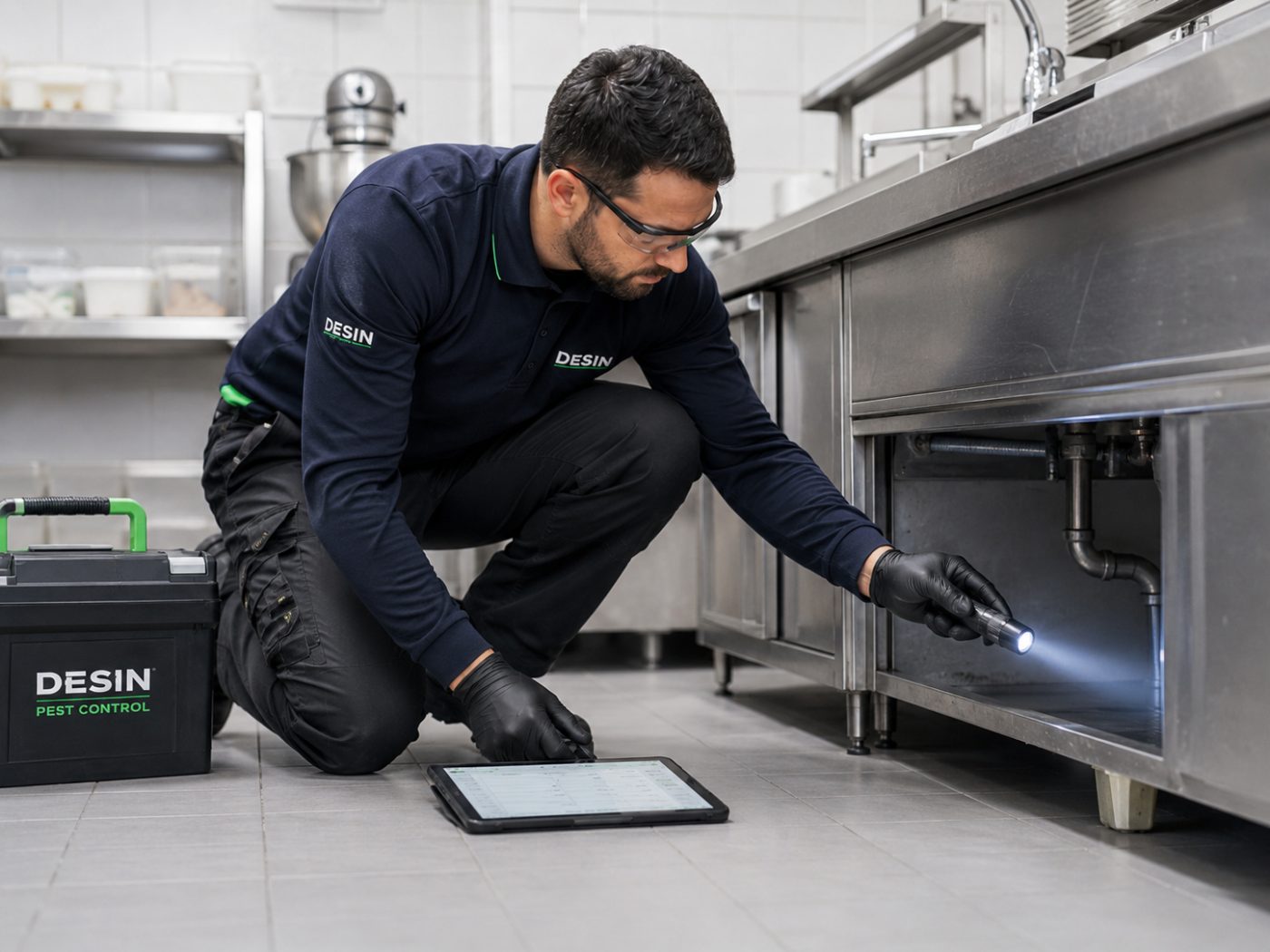 Técnico a inspecionar com lanterna e tablet sob equipamento de cozinha profissional