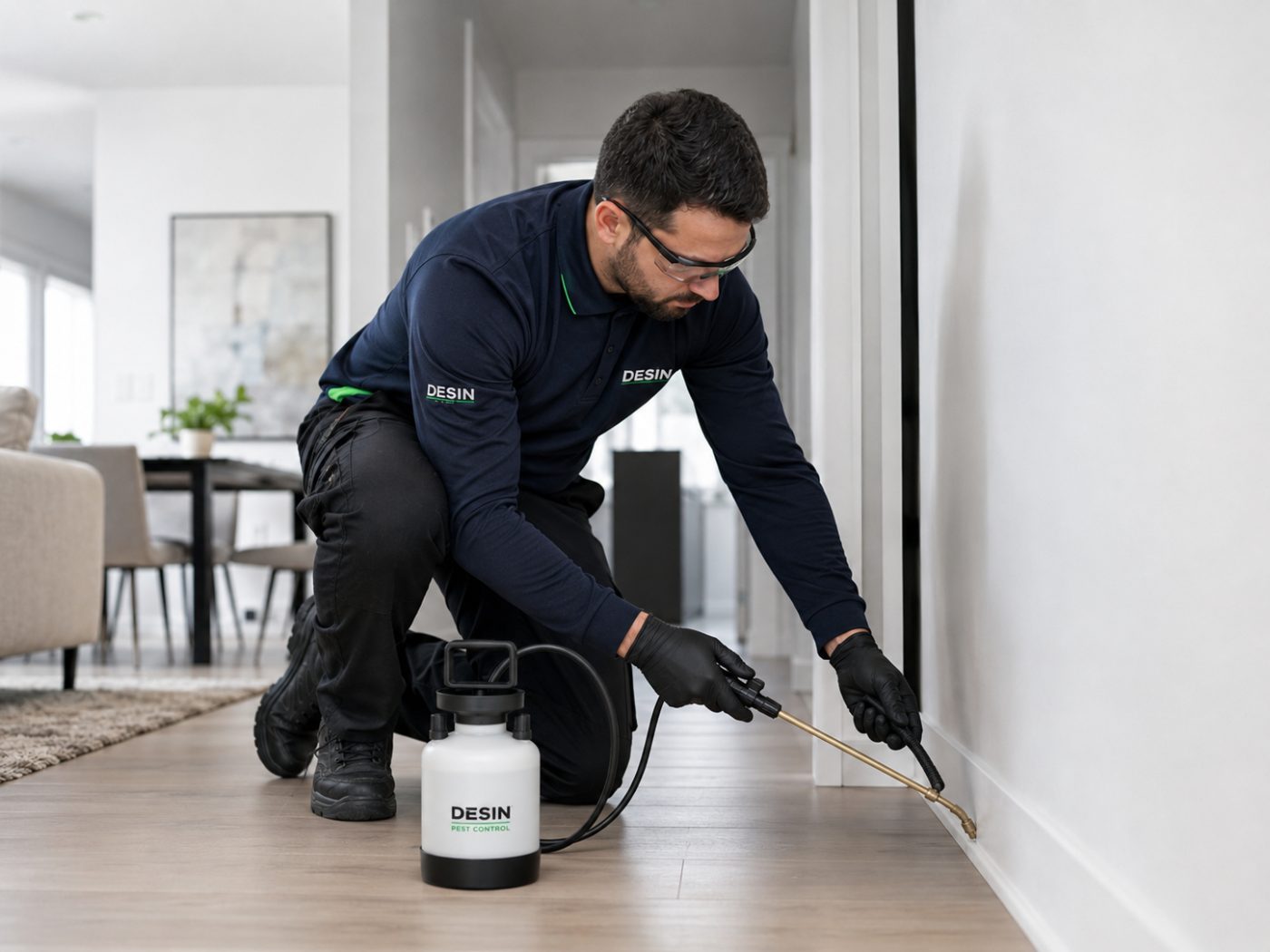 Técnico a pulverizar rodapés numa habitação