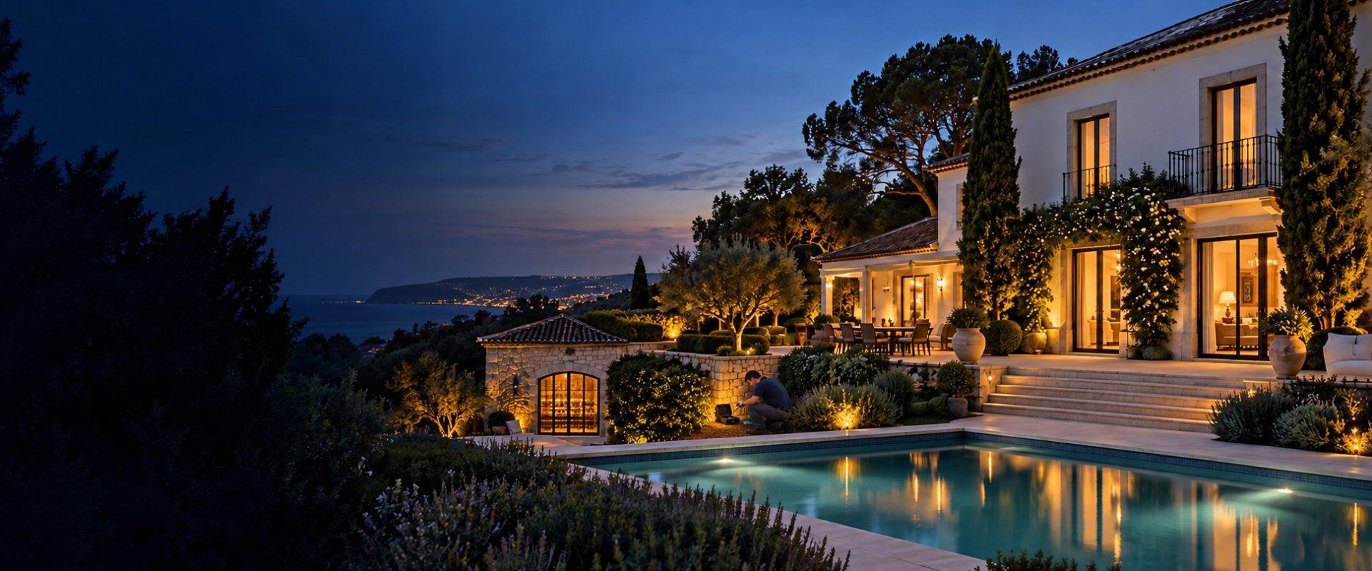 A technician in plain clothes discreetly checking a bait station by the hedge of a villa at dusk, next to the pool